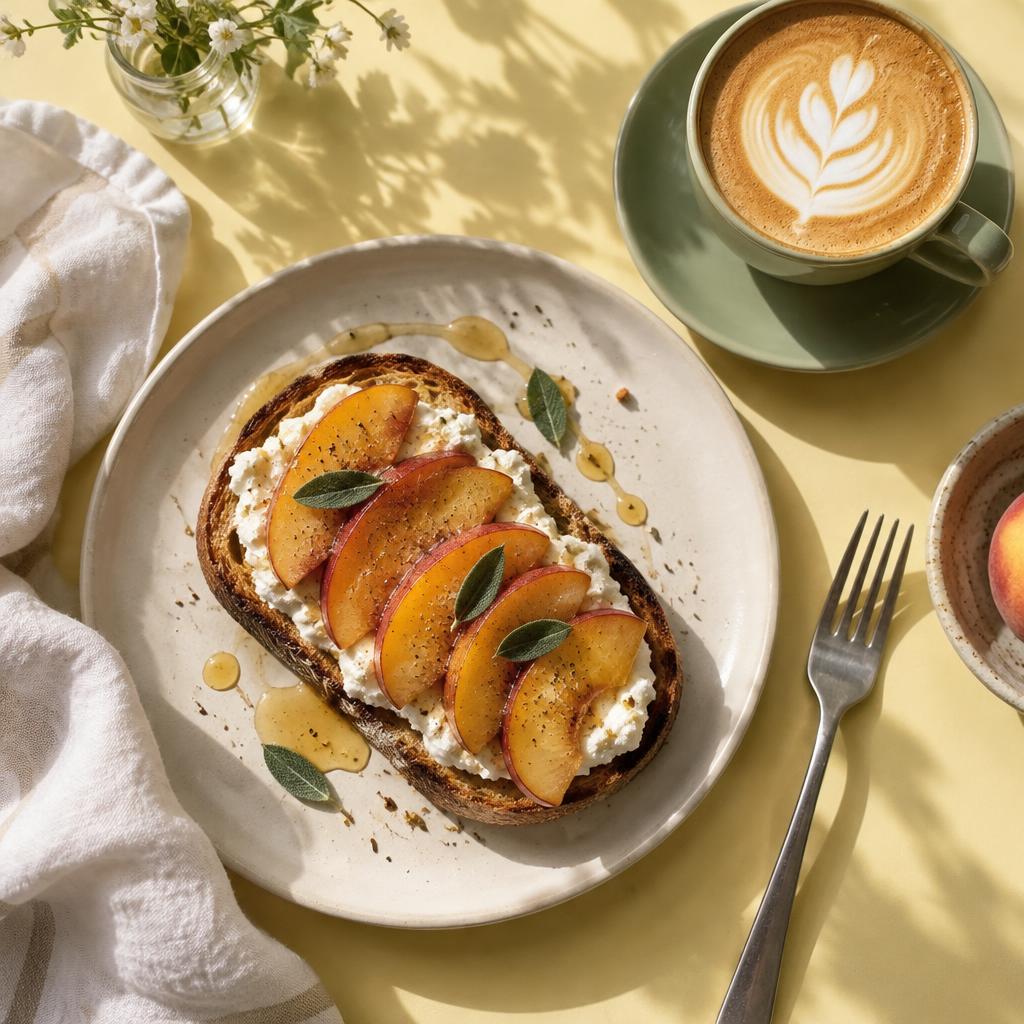 Peach and ricotta sourdough toast beside a cappuccino on a sunny yellow table