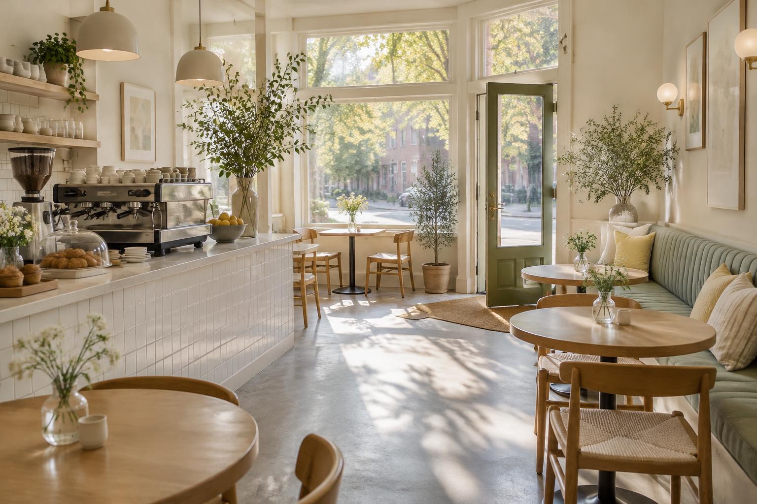 Morning sunlight filling DAYLIGHT’s cream and sage café, with oak tables and a welcoming coffee counter