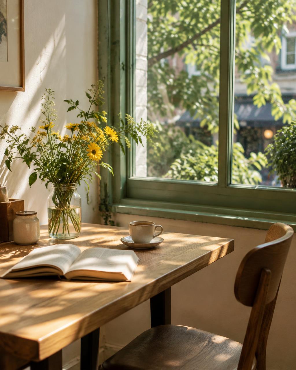 A quiet sunlit window seat with wildflowers, an open book and a cup of coffee
